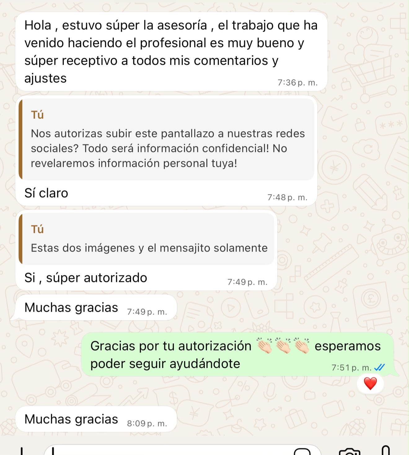 Captura de WhatsApp: cliente agradece el acompañamiento de Somos Mentor