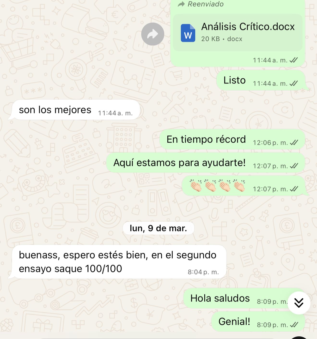 Captura de WhatsApp: estudiante obtuvo 100/100 en su ensayo con apoyo de Somos Mentor