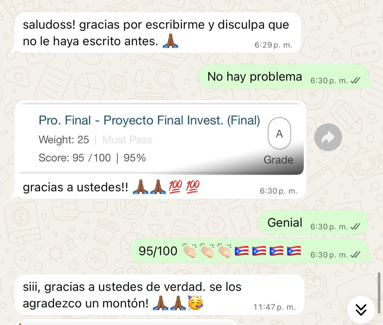 Captura de WhatsApp: cliente felicita la calidad del trabajo universitario entregado